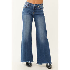 NEW Risen Los Angeles Manhattan High Rise Vintage Flare Frayed Jeans Dark Wash